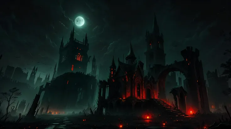 In the heart of a gritty, dystopian landscape, ruins of decaying buildings stand tall, their haunting shadows casting an eerie ambiance over the land. The blood-red moon looms large in the sky, its glowing eyes reflecting off the flickering torches that ba...