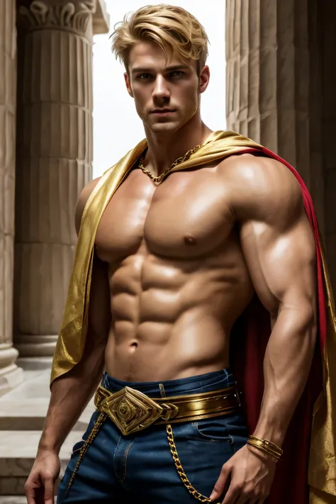 ((best quality)), ((masterpiece)), (detailed), 1boy, fitted, chiseled, rich greek temple, male, short blonde messy hair, heavenly handsome male face, detailed eyes, muscular chest, topless, golden chain belt, draped cloth sunga, arm ring, detailed skin, re...