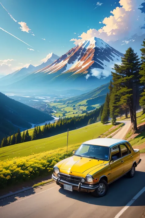 create a UHD image of a landscape of a mountain area but it should be from makoto Shinkai movie , landscape should be of spring season in japan, there is also a 
yellow old car