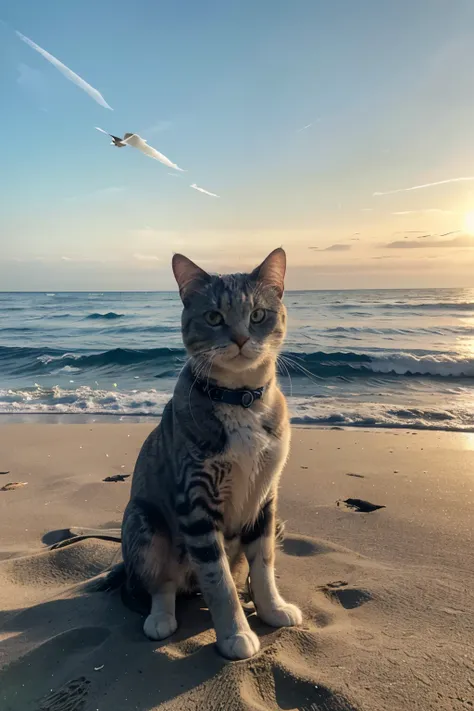 create a photorealistic image of a gray British Shorthair cat at the beach. The scene should be described as follows:

The sun is high in the sky, casting its full force down upon the beach, bathing it in warm, golden light. The sky is flawlessly blue, spo...