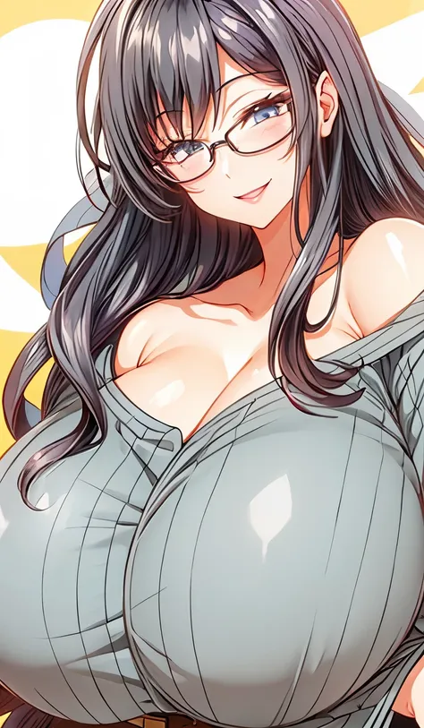 1 milf, long black hair, very big breasts, wearing glasses, smiling lewdly