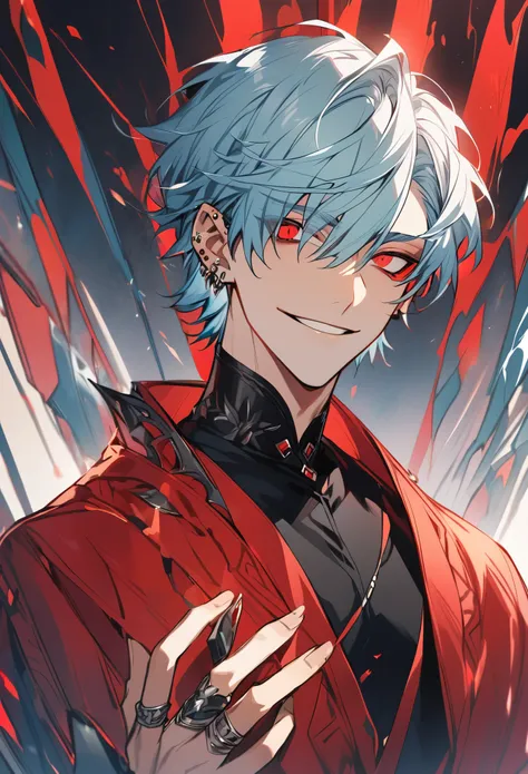 handsome, solo, 1 male, short hair, light blue hair with bangs, black shirt, white and red clothes, sharp eyes, ring red eyes, smile facial, fantasy, ear piercing