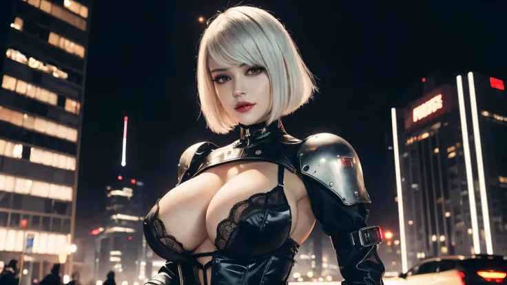 ((best quality)), ((masterpiece)), (detailed), (((perfect face))), (((hot chick young girl))), (((there is a cyberpunk night city in the background))), ((big tits )), ((black sexy futuristic steel outfit)), (((detailed face))), perfect body, ((good anatomy...