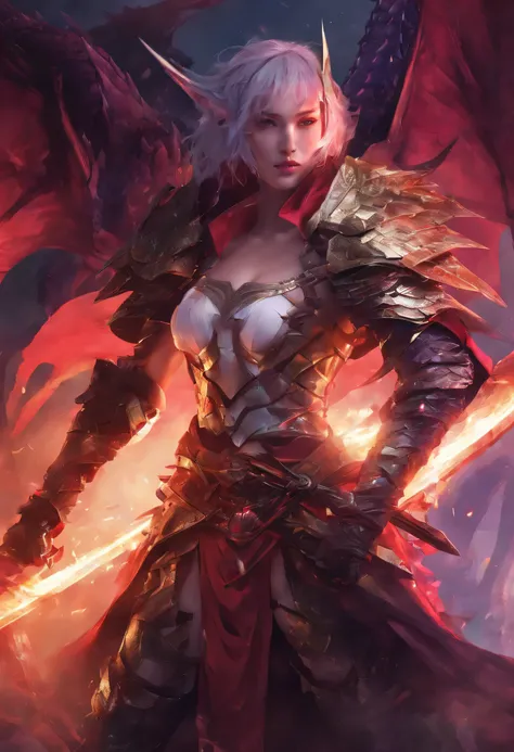 myth, Dragon Slayer: 26 year old woman with sword、purple bobbed hair、clear eyes、glowing red eyes、 She wears red bikini armor with gold decorations.,Wearing a white animal fur cloak、hanging between the crotches、giant dragon、  very detailed, 8K, Full HD like...