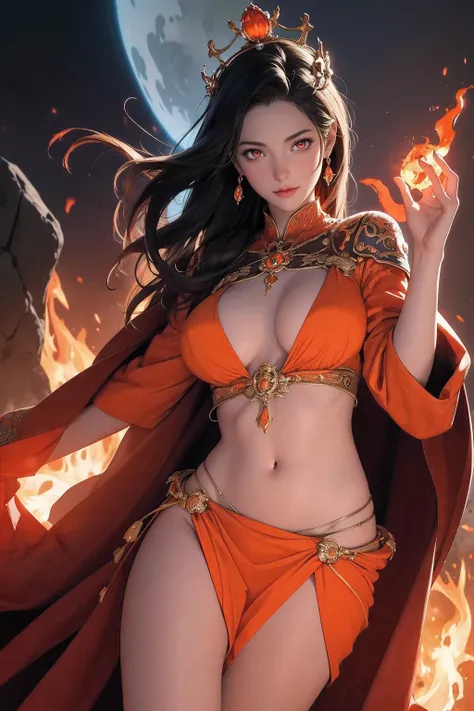 1girl, beautiful fire and lava goddess, detailed glowing eyes, detailed face, detailed skin,mature body, tall body,seductive body,medium breast, medium thigh, BREAK magma and volcano backgrounds, phoenix in sky, highly saturating fire beam, flame ceremony,...