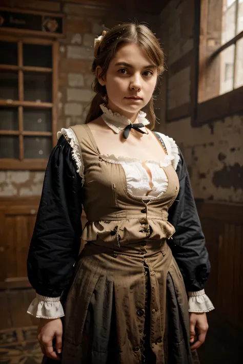 girl from the victorian era wearing old and torn clothes that has patches 