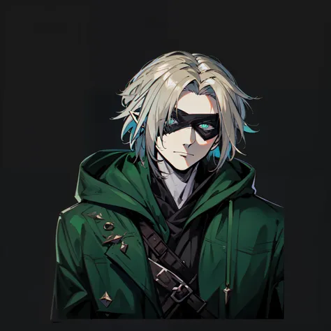 a man in a green jacket and a black mask, young blond fantasy thief, he wears an tapa-olho, made with anime painter studio, joha...