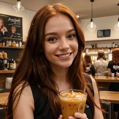 Um sorriso radiante ilumina o rosto do influenciador de IA com longos cabelos ruivos, Ultra high definition images of our AI digital influencer smiling while interacting with friends in a cafe in Amsterdam