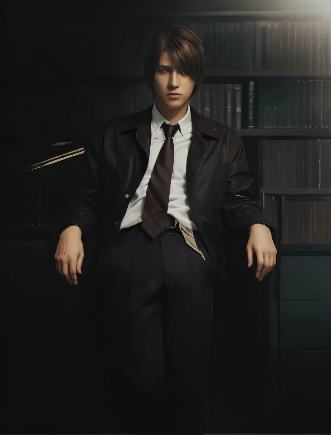 man, brown hair, dark jacket with white shirt and tie, dark trousers, light yagami 