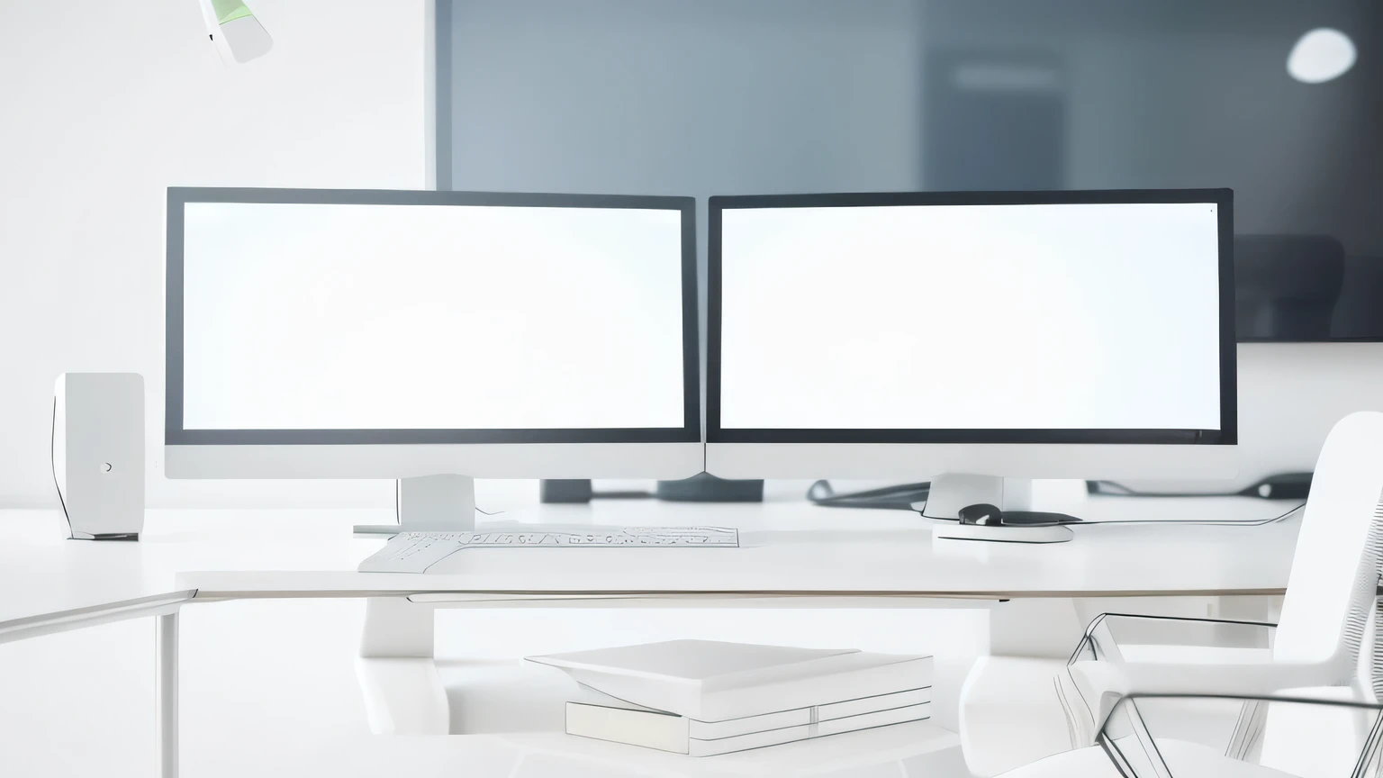 there are two Computer Screens on a desk with a chair, Computer Screens, huge Computer Screens, computers and digital Monitors, computer Monitors, large computer monitor, wide-screen, stacked Computer Screens, computer monitor, Monitors, technological scre...