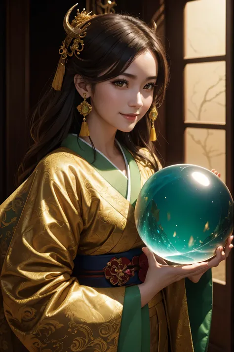 8K,dragon horn,A graceful dragon princess wearing a kimono,Super beautiful(like the real thing),brown hair,Holding a crystal ball in your hand,Inside the Royal Palace,green rouge,golden eyes,smile,masterpiece,Photorealistic RAW photos of the highest qualit...