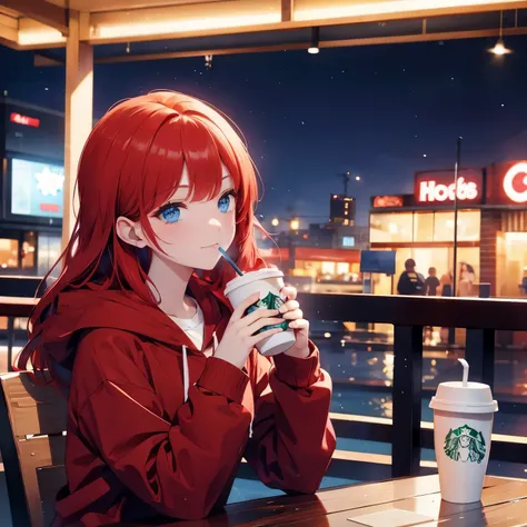 Red hair, blue eyes, drinking hot coffee starbucks, using hoddie, cafeteria, at night, happy, perfect fingers, correct hands