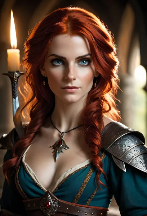 (realistic:1.2), analog photo, raw, female sorceress with red hair and tiny clothes, triss merigold, fantastic setting in "witch...