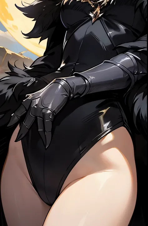 Dark souls, women, slender, owl armor, metal leotard, fur cloak, dark eye shadow, desert, eclipse, tail, close up on crotch, wet