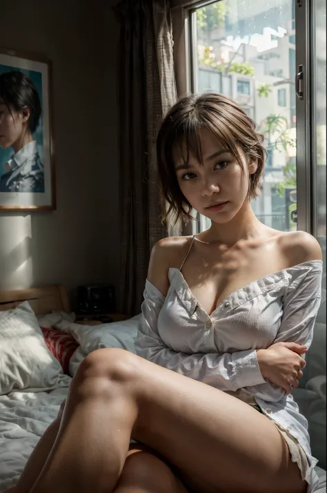 Photorealistic, (close up:1.3, exposed face), wide angle, (seen from below), a korean woman wearing (long sleeve (white button shirt:1.2), hanging down shirt exposed (bare shoulders:1.2), bottomless), a hyperrealistic beautiful young girls with grayish blu...