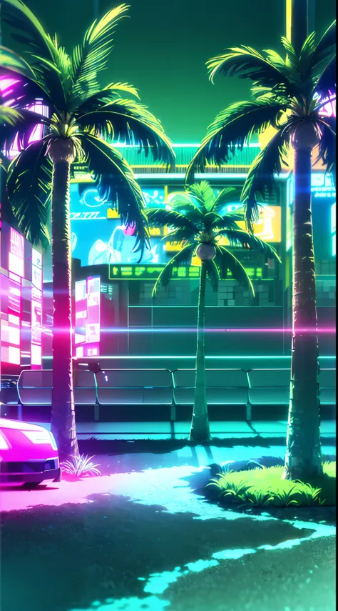 (masterpiece, detailed, high resolution:1.4), cyberpunk, cyberpunk 2077, cyberpunk night city neon background, sea, beach, palm trees, green-blue glitch effect, violet-pink neon glow, fluorescent yellow, light green, purple, mint