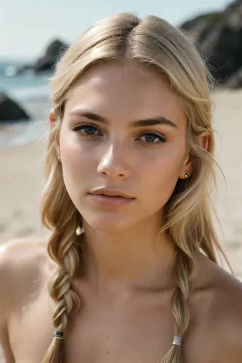 Photo of woman (ambivalent facial expression), ultra textured skin, goosebumps, ash blonde hair with mermaid braid, face looking straight into camera, full face, face close, minimalistic lined zen garden with neatly placed rocks and sand, perfect eyes (ect...