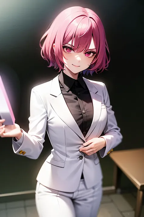 Messy short magenta hair, young adult, white suit, modern setting, menacing glare and evil smirk