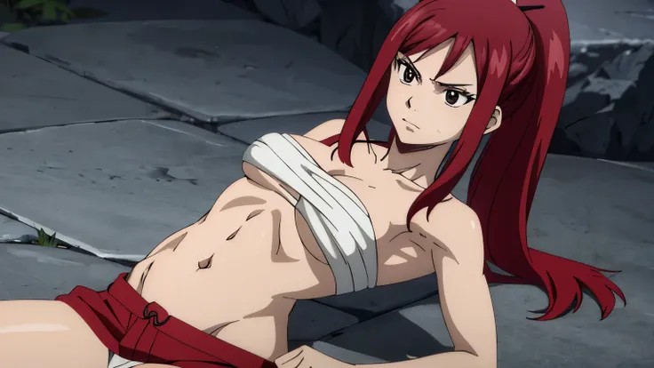 Erza Scarlet, 1girl, masterpiece, highres, solo, 8k, detailed, perfect face, (ultra high quality), looking viewers, armpit, big breast, cleavage, red hair, long hair, ponytail hair, black eyes, belly, stomach, navel, abs, midriff, white ribbon, sarashi che...