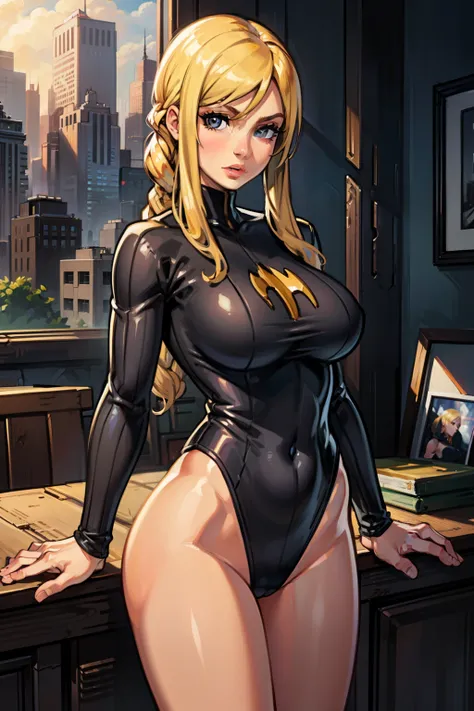 masterpiece, best quality, agrias, grey sweater, black leotard, standing, looking at viewer, blonde hair, superhero