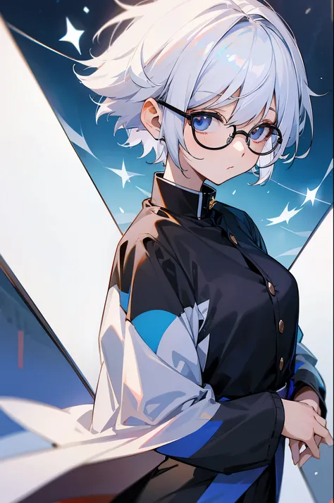 femele、white hair、wears glasses、short-hair、skirt by the、jaket、
