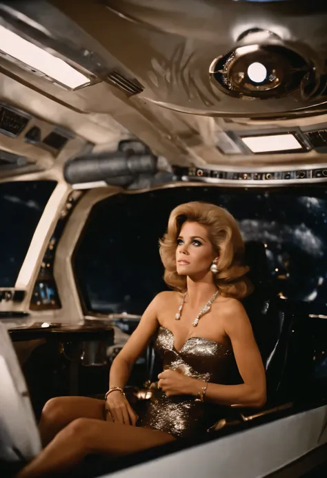 jane fonda&#39;barbarella, cowboy shot, Pilot a spaceship in a bikini, Interior of an old art deco stylish spaceship. You can see the universe from the window.、