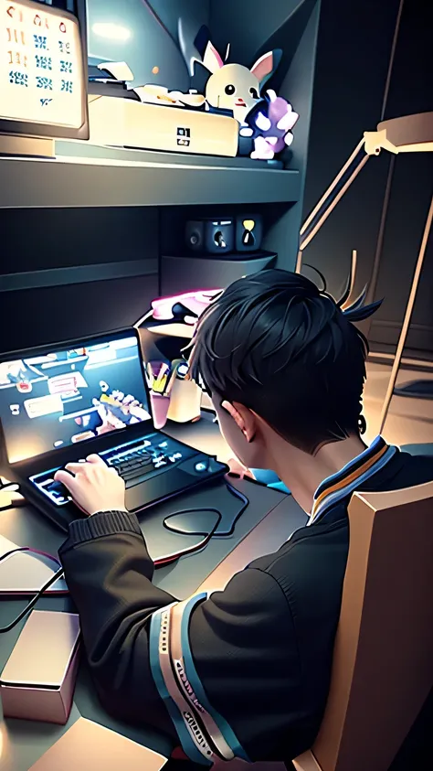 best quality，masterpiece，Ultra high detail，stunning work of art，The boy is sitting at his desk，Press the keyboard with both hands, Wearing a blue school uniform, play games, game player, playing Computer Gamess, Computer Games, Playing video games,  , eSpo...