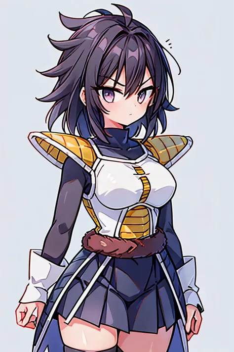 Girl, dark black hair, 80s hairstyle, scouter, saiyan armor, armor, skirt, spiky hair