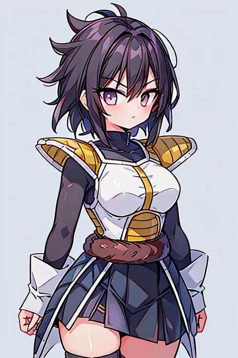 girl, dark black hair, 80s hairstyle, scouter, saiyan armor, armor, skirt, spiky hair