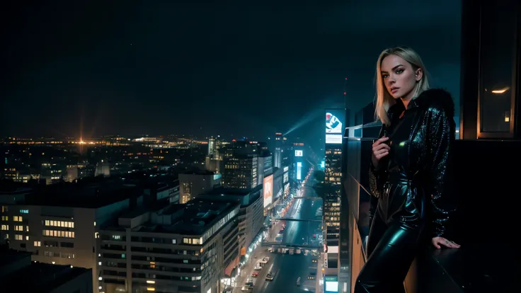 On the rooftop of a building in blade runner movie scene. At night, (rainy night).
BREAK
an ultra hot gorgeous European woman, age 23, green eyes, blonde straight hair, her name is Elena Alfa. She wears (shiny black glitter jumpsuit). She&#39;s a vigilante...