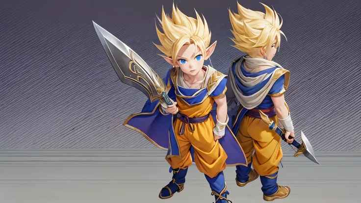 (master piece), 8k, best quality, full body, elf boy, naive, male, teenager, 14 years old, diminutive, white skin, thin body, pointed elf ears, beautiful finely detailed silver eyes, high forehead , yellow blonde spiky hair like Gohan from the anime dragon...