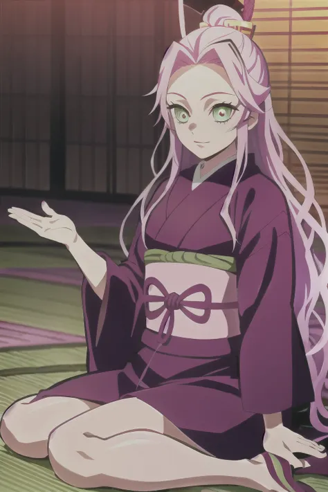 Style Kimetsu no yaiba, Original character, demon slayer,pink long hair girl, fantasy, jin hong,anime, beautiful illustration, highly detailed, manga art  ninja kimono, (Sakura haruno), long hair snake green eyes big ,red horns  on head