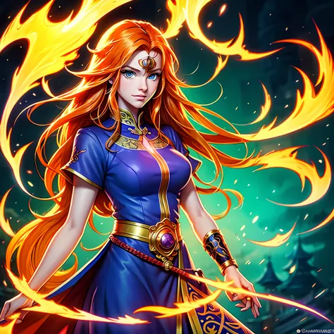 anime style art, comic book style art, beautiful healthy celtic young woman, tall, bright orange hair, flaming orange hair, long...