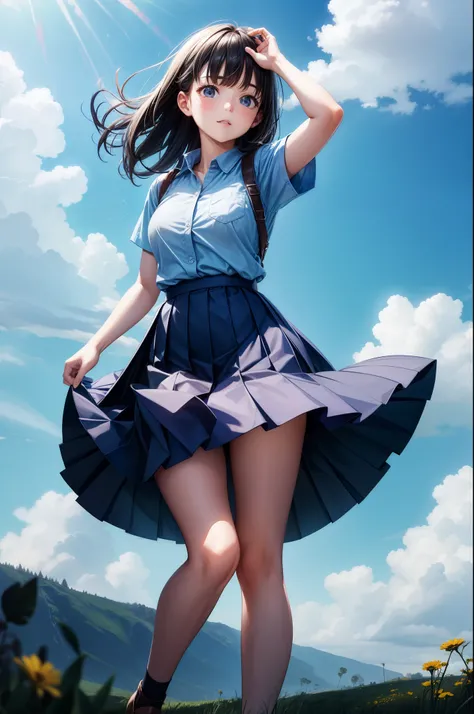 One person is wearing blue short sleeves，pleated skirt，beautiful young woman，the biggest，The wind blows in the meadow，32k，super clear image，the sky is clear