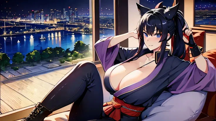 1 girl , alone ,Taisho Modern、big cleavage , greenish black hair、ponytail、fox ears、Brightly colored eyes、blue eyes、sunglasses、Dark purple kimono、red hair ornament、light purple long hakama、leather boots、Headphones around the neck、sunglasses、flashy necklace、...