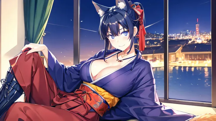 1 girl , alone ,Taisho Modern、big cleavage , greenish black hair、ponytail、fox ears、Brightly colored eyes、blue eyes、sunglasses、Dark purple kimono、red hair ornament、light purple long hakama、leather boots、Headphones around the neck、sunglasses、flashy necklace、...