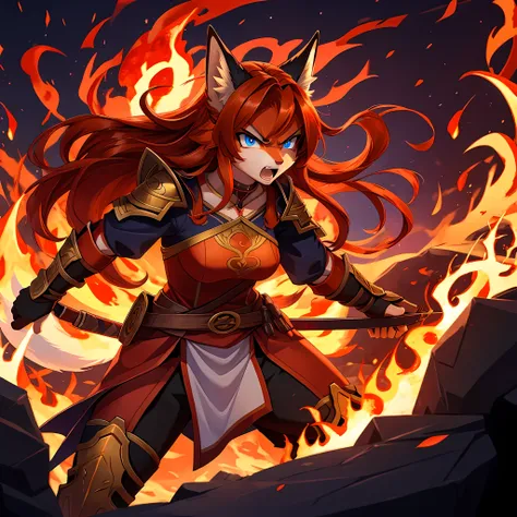 a shapely fox girl warrior, red warrior clothes, long wavy orange hair, bright blue eyes, shouting, angry look, heroic pose, high quality digital art, fiery background, flames swirling in the background