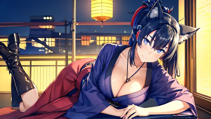 1 girl , alone ,Taisho Modern、big cleavage , greenish black hair、ponytail、fox ears、Brightly colored eyes、blue eyes、sunglasses、Dark purple kimono、red hair ornament、light purple long hakama、leather boots、Headphones around the neck、sunglasses、flashy necklace、...