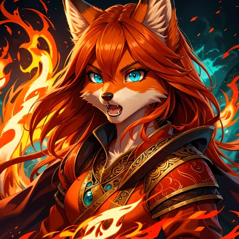 close up portrait, fantasy style art, a anthropomorphic female fox warrior, orange fur, red warrior clothes, long and wavy bright orange hair, bright teal eyes, shouting, heroic look, high quality digital art, fiery background, flames swirling in the backg...