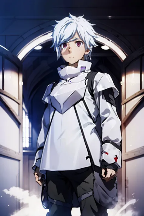 boy standing in white room, white hair, purple eyes, washed out eyes, straight faced, midshot