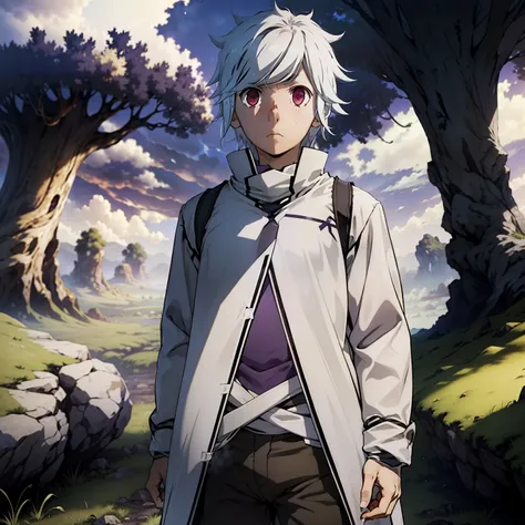 boy standing in grass plain, night, strars, white hair, dark purple eyes, washed out eyes, sad, midshot