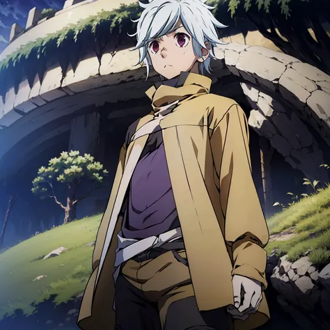 boy standing in grass plain, night, strars, white hair, dark purple eyes, washed out eyes, sad, midshot