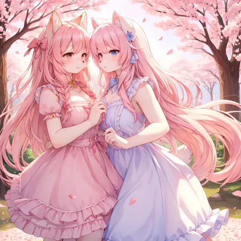 best quality,best resolution,(fluffy anthro furry :1.3),white cat girl,pink cat girl,long hair,wavy hair,lesbians,huge sakura garden,plenty sakura petals in the air,romantic light,lesbians pose,beautiful dress with ribbon,ruffles