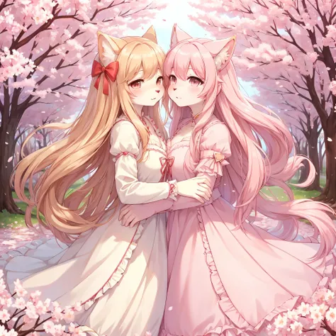 best quality,best resolution,(fluffy anthro furry :1.3),white cat girl,pink cat girl,long hair,wavy hair,lesbians,huge sakura garden,plenty sakura petals in the air,romantic light,lesbians pose,beautiful dress with ribbon,ruffles