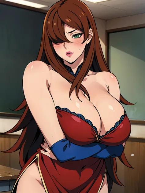 sexy pose, standing pose, Red dress, chinese clothes, cleavage cutout, clothing cutout, bare shoulders, (at classroom), (classroom background), mei terumi, solo, takeda hiromitsu style, anime cels style, best quality, high resolution, (huge breasts:1.3), c...