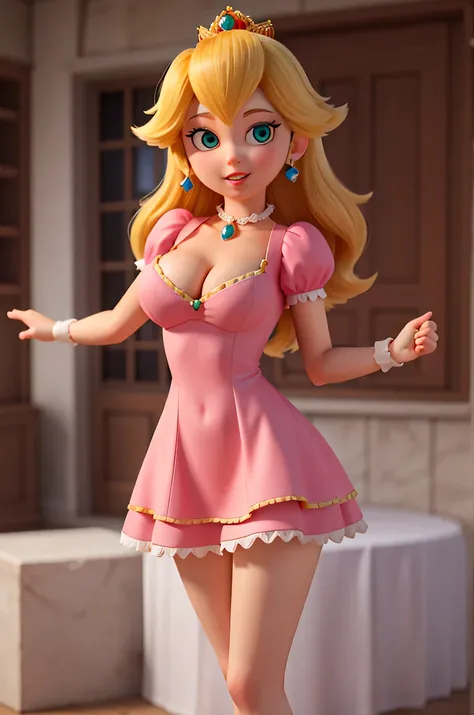 texturas detalladas en alta calidad,princess peach,con lenceria de conejo,en el escenario,view crotch,very short dress, deep cleavage