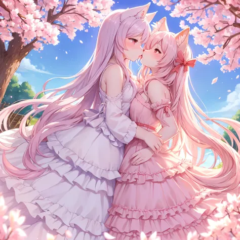 best quality,best resolution,(fluffy anthro furry :1.3),white cat girl,pink cat girl,long hair,wavy hair,lesbians,huge sakura garden,plenty sakura petals in the air,romantic light,lesbians pose,beautiful dress with ribbon,ruffles,french kissing