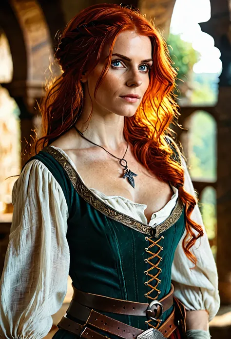 (Realistic:1.2), analog photo, RAW, female sorceress with red hair and tiny clothes, Triss Merigold, fantastic setting in "Witcher" style, whole body, soft natural light, cute and sexy, pleasure, detailed face and eyes, best quality, masterpiece, holding a...