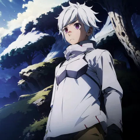 boy standing in grass plain, stary night, white hair, dark purple eyes, washed out eyes, sad, midshot