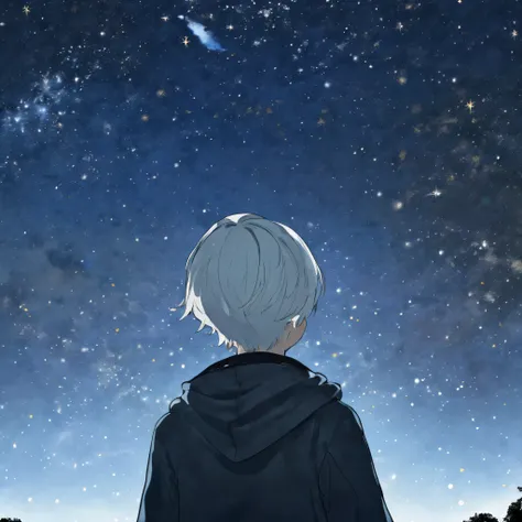 The white-haired boy stared sadly at the starry sky.